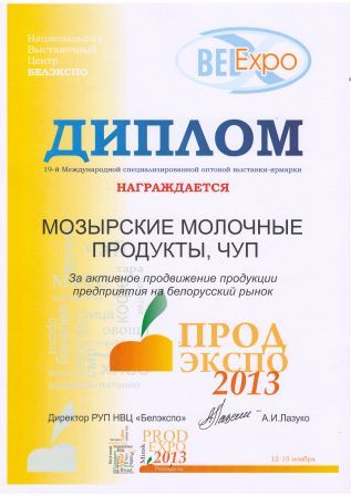 Диплом "За активное продвижение продукции предприятия на белорусский рынок". 19-ая международная специализированная оптовая выставка-ярмарка. г.Минск. 12-15 ноября 2013г.